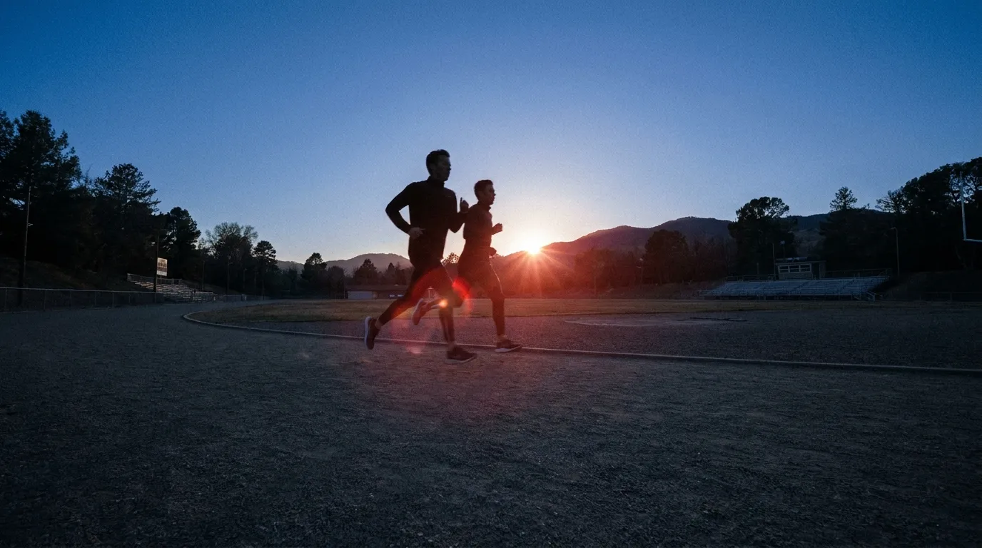 Dos corredores en una pista al atardecer