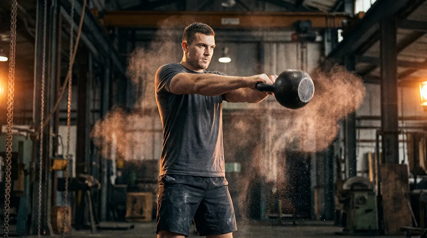 Atleta haciendo un swing con kettlebell en una nave industrial