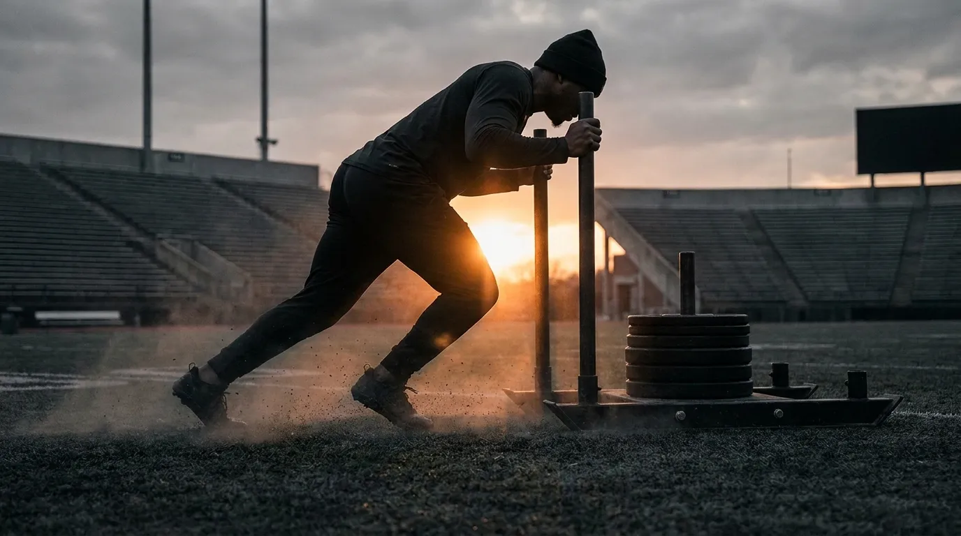 Atleta empujando un trineo con discos en un campo al atardecer